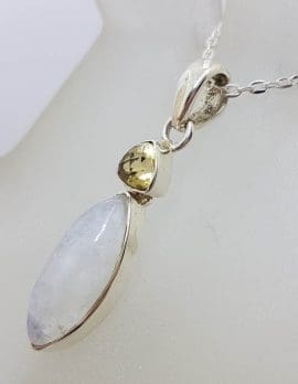 Sterling Silver Bezel Set Marquis Cabochon Cut Moonstone with Citrine Pendant on Silver Chain
