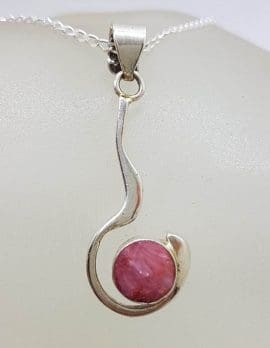 Sterling Silver Long Curved Ruby Pendant on Silver Chain