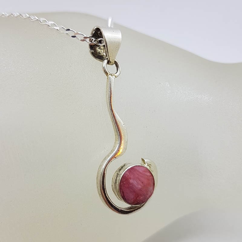 Sterling Silver Long Curved Ruby Pendant on Silver Chain Sterling Silver Long Curved Ruby Pendant on Silver Chain