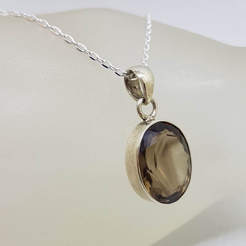Sterling Silver Oval Bezel Set Smokey Quartz Pendant on Silver Chain