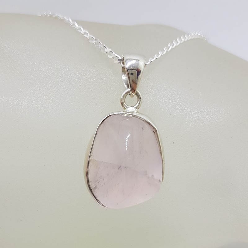 Sterling Silver Bezel Set Unusual Shape Cabochon Cut Rose Quartz Pendant on Silver Chain