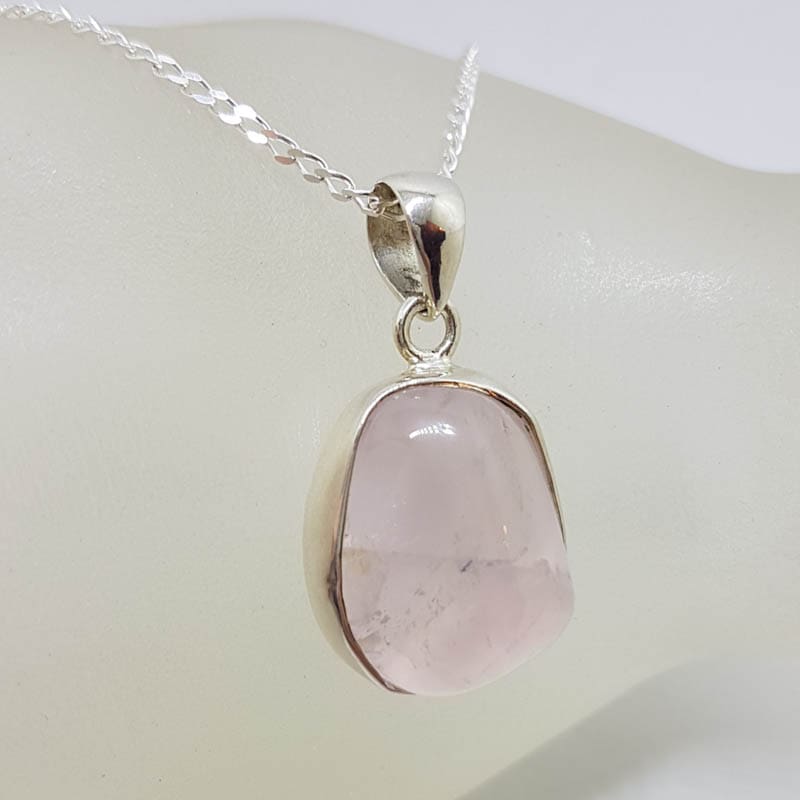 20210919_185353 Sterling Silver Bezel Set Unusual Shape Cabochon Cut Rose Quartz Pendant on Silver Chain