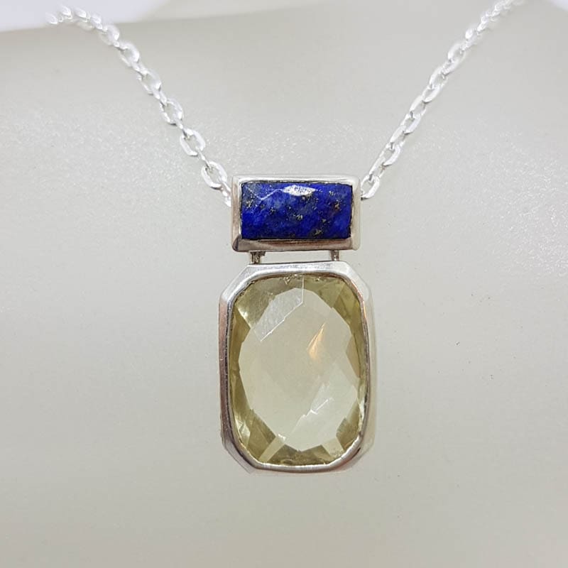 Sterling Silver Bezel Set Rectangular Citrine and Lapis Lazuli Pendant on Silver Chain