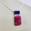 Sterling Silver Bezel Set Rectangular Ruby and Lapis Lazuli Pendant on Silver Chain