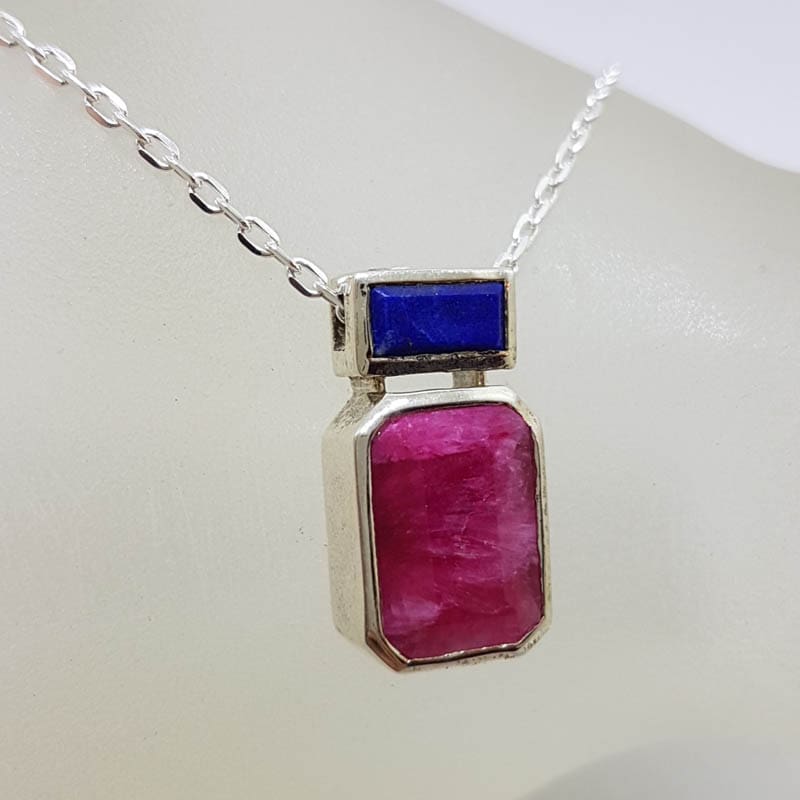 Sterling Silver Bezel Set Rectangular Ruby and Lapis Lazuli Pendant on Silver Chain Sterling Silver Bezel Set Rectangular Ruby and Lapis Lazuli Pendant on Silver Chain