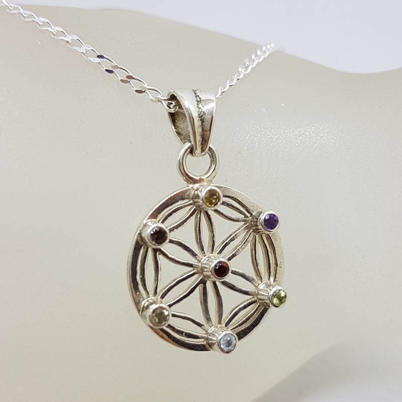 Sterling Silver Multi-Colour Gemstone Round Chakra Stones Pendant on Silver Chain