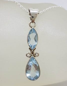 Sterling Silver Long Ornate Design Two Stone Topaz Pendant on Silver Chain