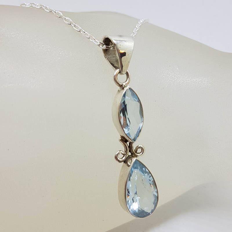 Sterling Silver Long Ornate Design Two Stone Topaz Pendant on Silver Chain Sterling Silver Long Ornate Design Two Stone Topaz Pendant on Silver Chain