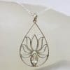 Sterling Silver Large Open Teardrop / Pear Shape Lotus Design with Green Amethyst / Prasiolite Pendant on Silver Chain