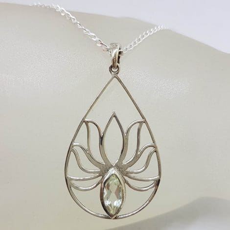 Sterling Silver Large Open Teardrop / Pear Shape Lotus Design with Green Amethyst / Prasiolite Pendant on Silver Chain