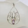 Sterling Silver Large Open Teardrop / Pear Shape Lotus Design with Amethyst Pendant on Silver Chain