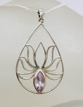 Sterling Silver Large Open Teardrop / Pear Shape Lotus Design with Amethyst Pendant on Silver Chain