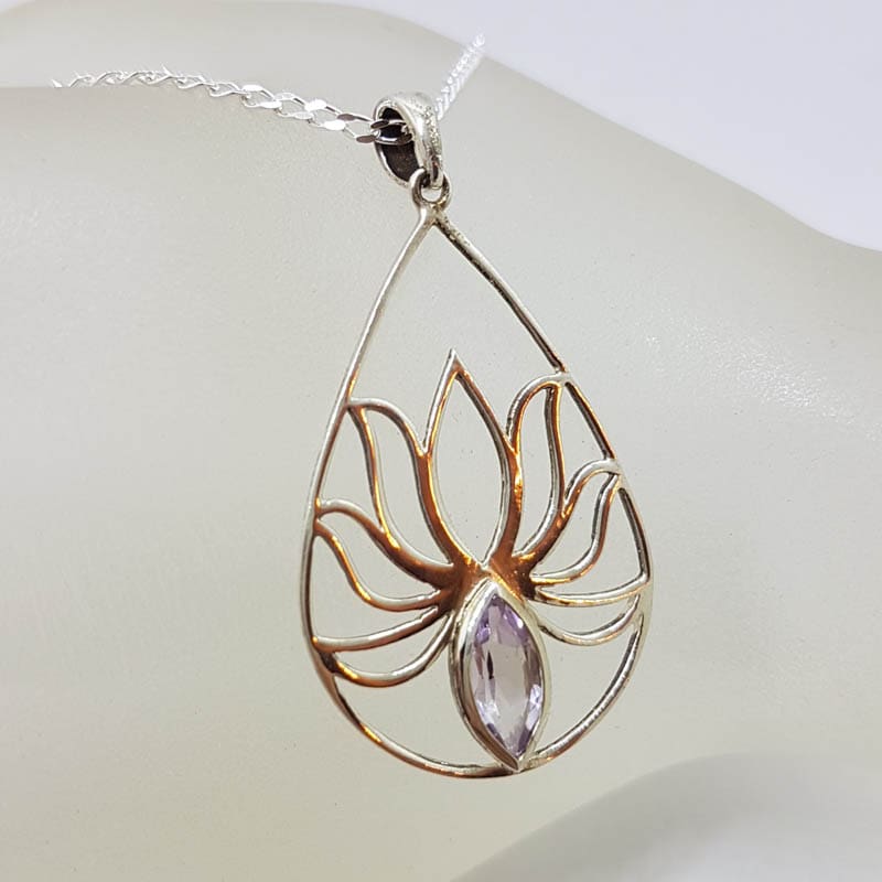 20210919_191023 Sterling Silver Large Open Teardrop / Pear Shape Lotus Design with Amethyst Pendant on Silver Chain