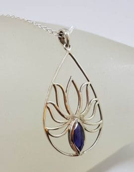 Sterling Silver Large Open Teardrop / Pear Shape Lotus Design with Iolite Pendant on Silver Chain
