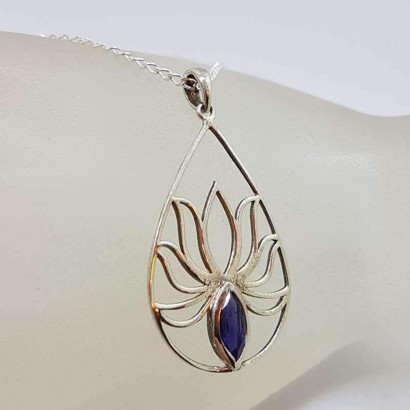 Sterling Silver Large Open Teardrop / Pear Shape Lotus Design with Iolite Pendant on Silver Chain Sterling Silver Large Open Teardrop / Pear Shape Lotus Design with Iolite Pendant on Silver Chain