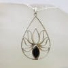 Sterling Silver Large Open Teardrop / Pear Shape Lotus Design with Onyx Pendant on Silver Chain