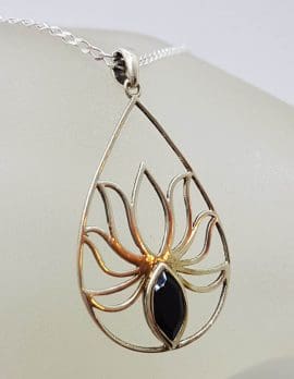 Sterling Silver Large Open Teardrop / Pear Shape Lotus Design with Onyx Pendant on Silver Chain