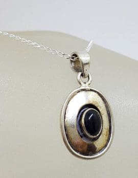 Sterling Silver Oval Rimmed Onyx Pendant on Silver Chain
