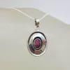 Sterling Silver Oval Rimmed Ruby Pendant on Silver Chain