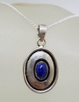Sterling Silver Oval Rimmed Lapis Lazuli Pendant on Silver Chain