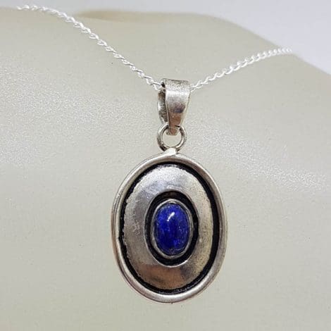 Sterling Silver Oval Rimmed Lapis Lazuli Pendant on Silver Chain