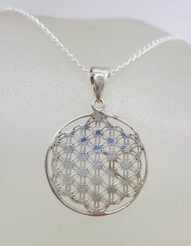 Sterling Silver Lattice Patterned Round Flat Pendant on Silver Chain