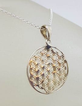 Sterling Silver Lattice Patterned Round Flat Pendant on Silver Chain