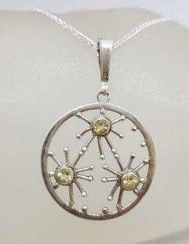 Sterling Silver 3 Citrine in Starburst Patterned Round Pendant on Silver Chain