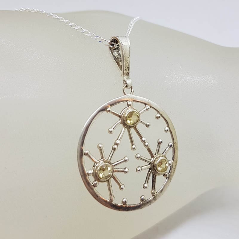 Sterling Silver 3 Citrine in Starburst Patterned Round Pendant on Silver Chain