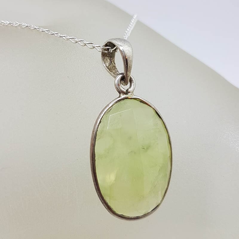 Sterling Silver Oval Bezel Set Prehnite Pendant on Silver Chain