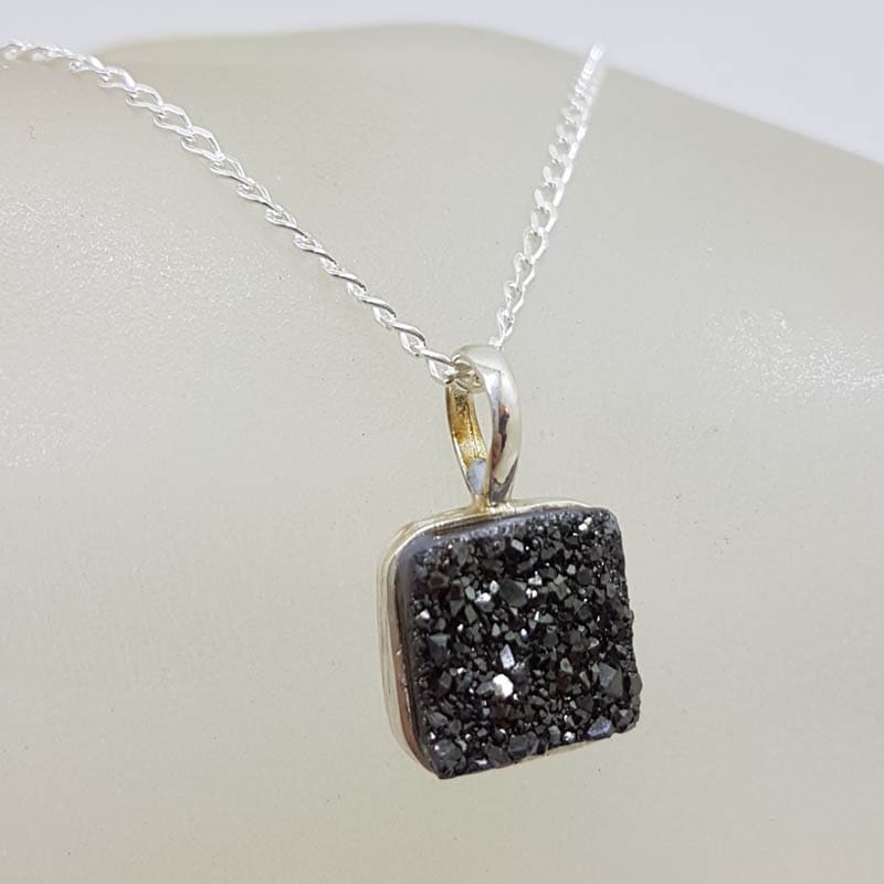 Sterling Silver Square Bezel Set Black Druzy Pendant on Silver Chain