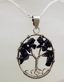 Sterling Silver Oval Onyx Tree of Life Pendant on Silver Chain