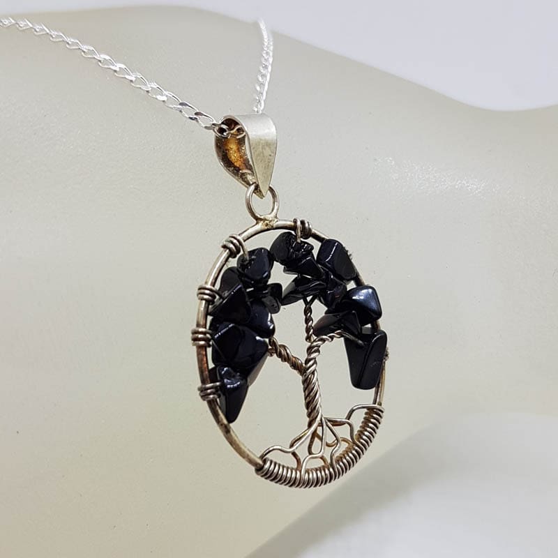 Sterling Silver Oval Onyx Tree of Life Pendant on Silver Chain