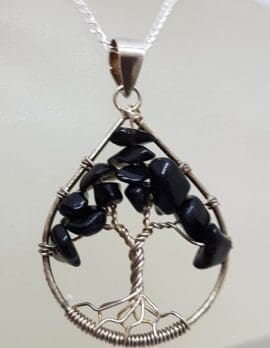 Sterling Silver Teardrop / Pear Shape Onyx Tree of Life Pendant on Silver Chain