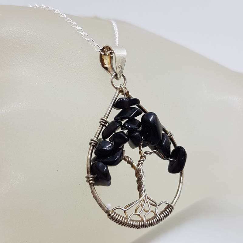 Sterling Silver Teardrop / Pear Shape Onyx Tree of Life Pendant on Silver Chain