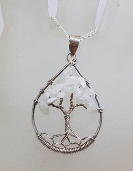 Sterling Silver Teardrop / Pear Shape Quartz Tree of Life Pendant on Silver Chain