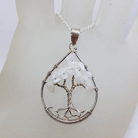 Sterling Silver Teardrop / Pear Shape Quartz Tree of Life Pendant on Silver Chain