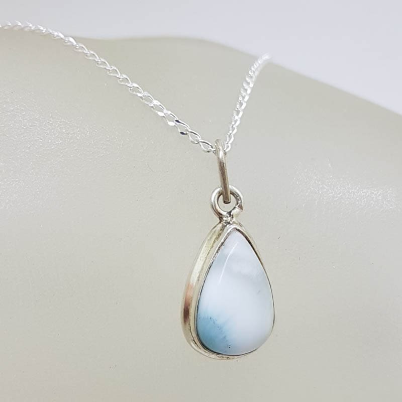 Sterling Silver Teardrop / Pear Shape Dainty Larimar Pendant on Silver Chain