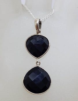 Sterling Silver Two Drop Onyx Pendant on Silver Chain