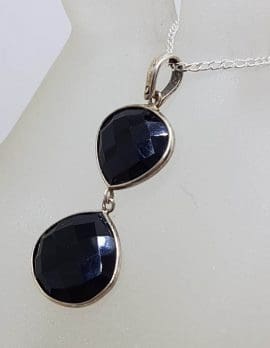 Sterling Silver Two Drop Onyx Pendant on Silver Chain