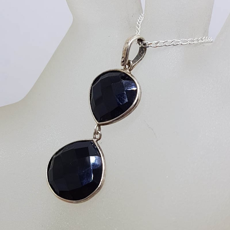 Sterling Silver Two Drop Onyx Pendant on Silver Chain