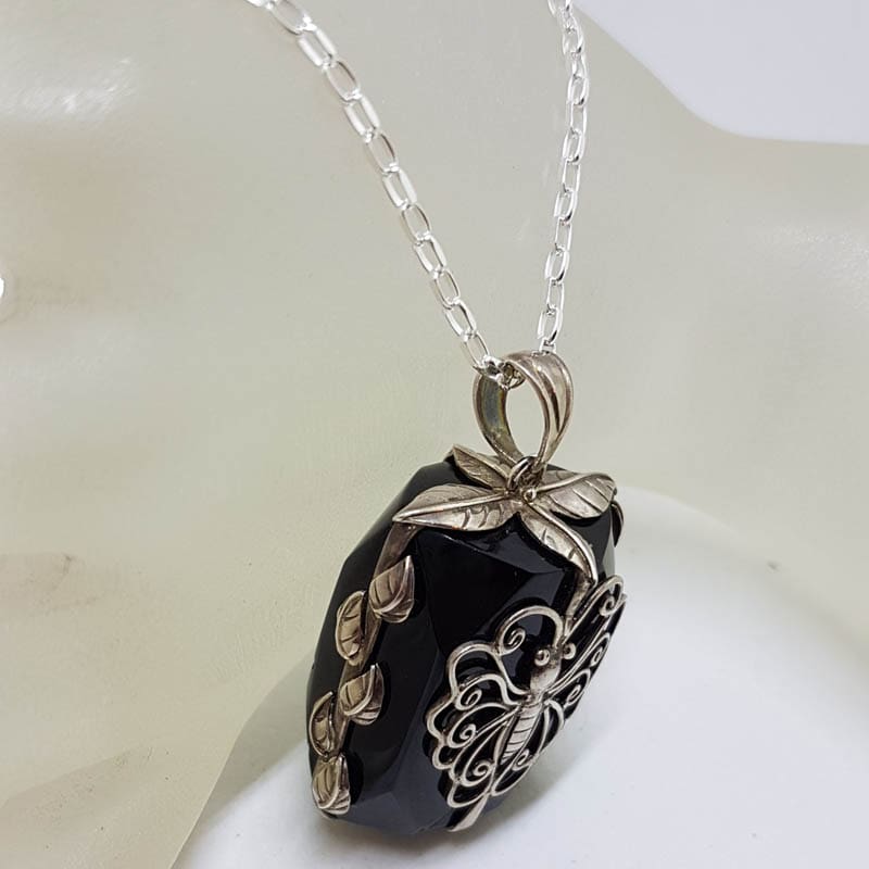 Sterling Silver Large Rectangular Black with Ornate Filigree Butterfly Pendant on Silver Chain