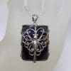 Sterling Silver Large Rectangular Black with Ornate Filigree Butterfly Pendant on Silver Chain