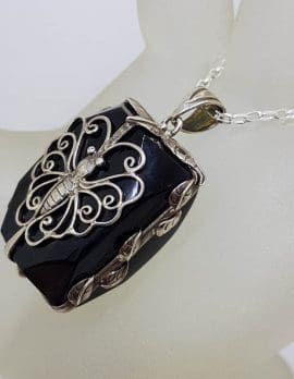Sterling Silver Large Rectangular Black with Ornate Filigree Butterfly Pendant on Silver Chain