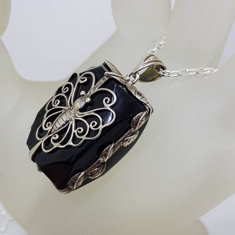 Sterling Silver Large Rectangular Black with Ornate Filigree Butterfly Pendant on Silver Chain