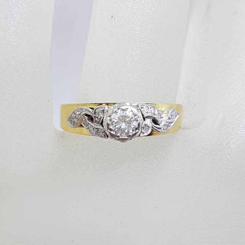 18ct Yellow Gold with Platinum Ornate Antique High Set Diamond Engagement Ring - Vintage / Antique