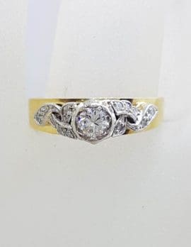 18ct Yellow Gold with Platinum Ornate Antique High Set Diamond Engagement Ring - Vintage / Antique