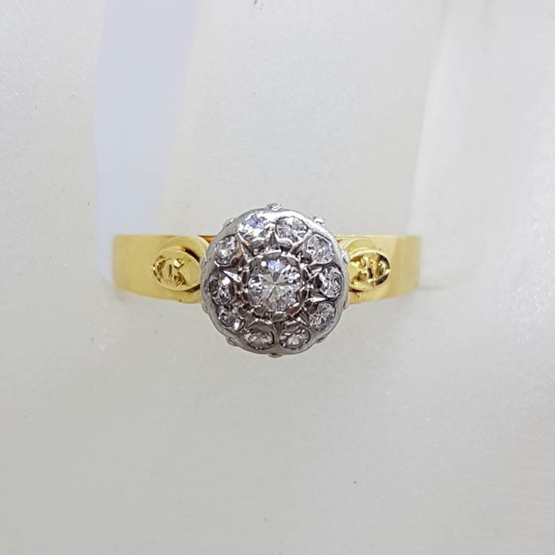 18ct Yellow Gold with Platinum Ornate Antique High Set Round Diamond Engagement Ring - Vintage / Antique 18ct Yellow Gold with Platinum Ornate Antique High Set Round Diamond Engagement Ring - Vintage / Antique