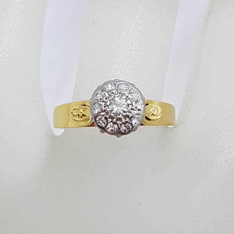 18ct Yellow Gold with Platinum Ornate Antique High Set Round Diamond Engagement Ring - Vintage / Antique 18ct Yellow Gold with Platinum Ornate Antique High Set Round Diamond Engagement Ring - Vintage / Antique