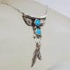 Sterling Silver Vintage Native American Arizona Turquoise Feather and Leaf Design Necklace